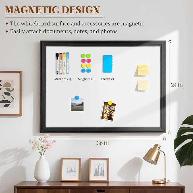 Large White Board for Wall, 36'' x 24'' Magnetic Dry Erase Board, Decorative Whiteboard, Black Vintage Wooden Frame