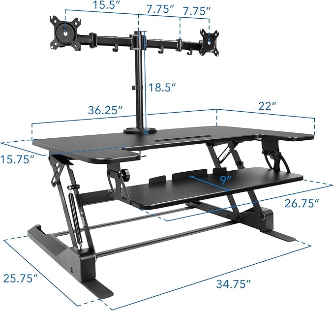 Mount-It! Standing Desk Converter Dual Monitor, 2 Screen Mounts Included, Height Adjustable Desk Riser in Black, Stand Up Desk Convertor Large 36" Wide, Sit Stand Convertor with Manual Lift Gas Spring