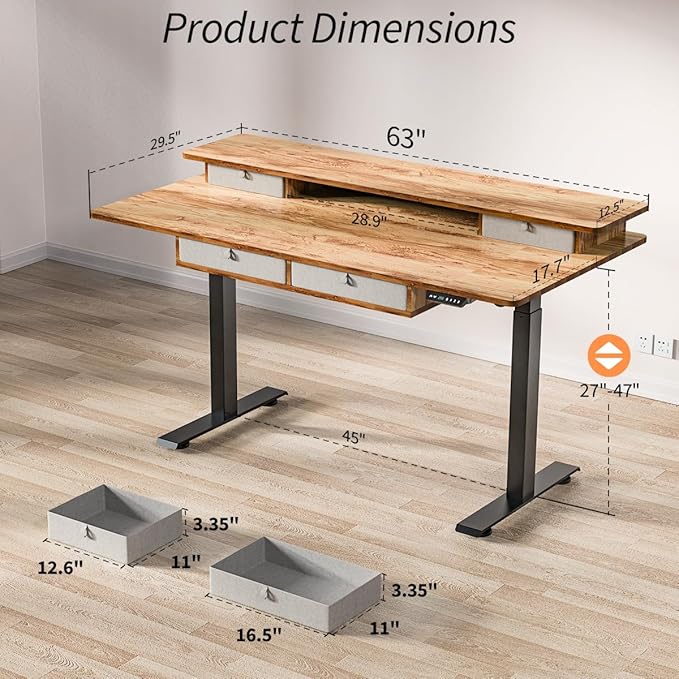 Kingant 63 x 30 Inch Electric Standing Desk with 4 Drawers, Adjustable Height Computer Desk for Home Office, Large Workstation Sit Stand Up Desk with Built-in USB A/C Ports, Light Rustic Brown