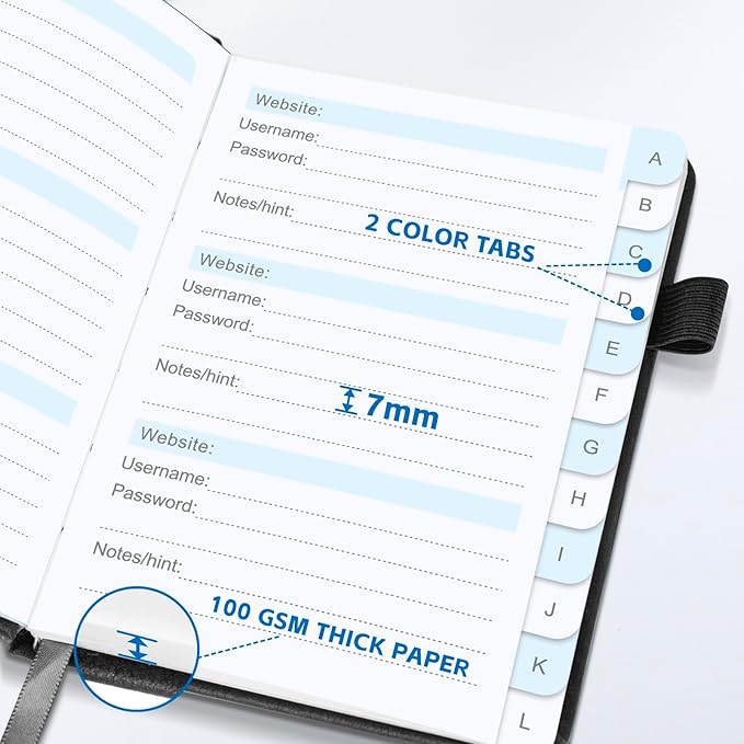 Password Keeper Book with Alphabetical Tabs，4.3"x5.7" Small Password Books for Seniors Password Notebook for Internet Website Address Log in Detail (Black)