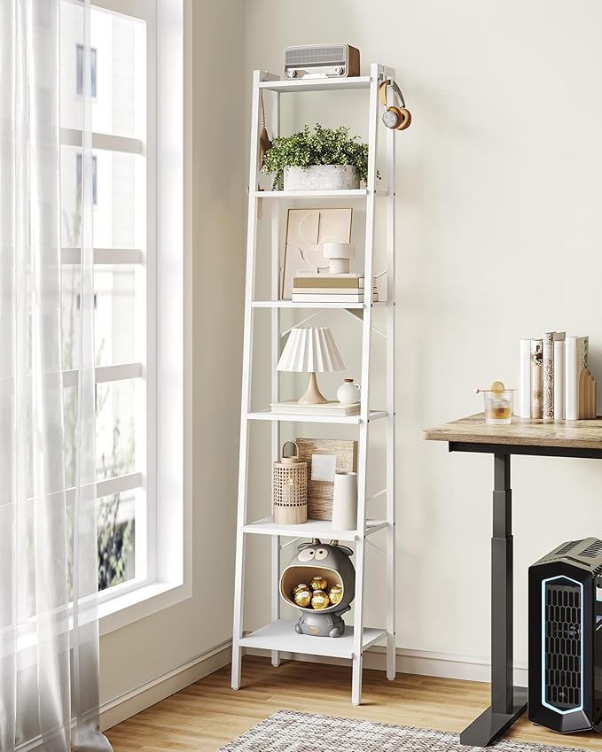 Hzuaneri Ladder Shelf, Bookshelf Bookcase, Freestanding Corner Storage Shelve with 2 Hooks for Home Office, Living Room, Kitchen, Bedroom, Industrial, 6-Tier White BC13313W