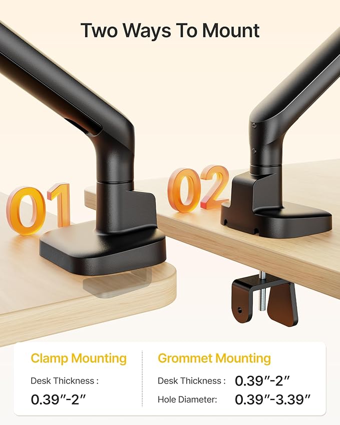 monTEK Single Monitor Arm, Mechanical Spring Monitor Arm for 17-40" Ultrawide Screens, Adjustable Monitors Desk Mount Holds up to 24.2 lbs with C Clamp/Grommet Desk Mount, VESA 75/100mm, MA1011BK