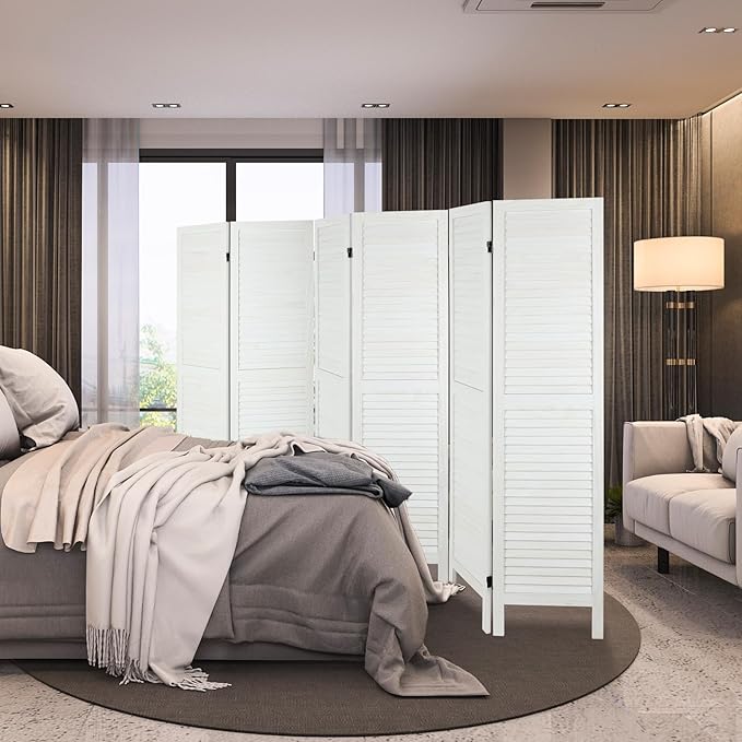 6 Panel Room Dividers and Folding Privacy Screens, Divider for Room Separation, Wood Louvered Divider Wall, Wooden Partition for Home Office Bedroom (White-Washed)