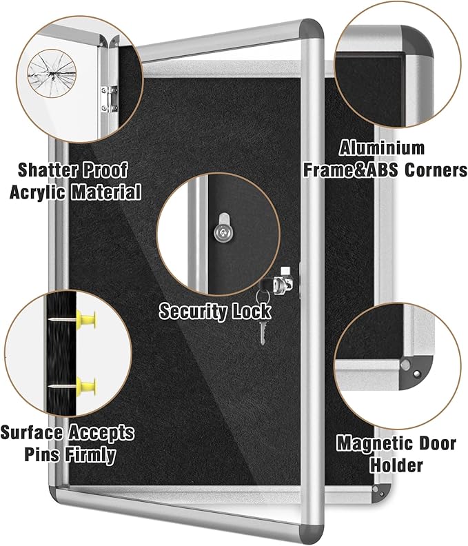 Mifuro 26"x20" Enclosed Bulletin Board, Lockable Weather-Resistant Aluminum Cork Noticeboard for School & Office, Silver Frame w/Black Flet