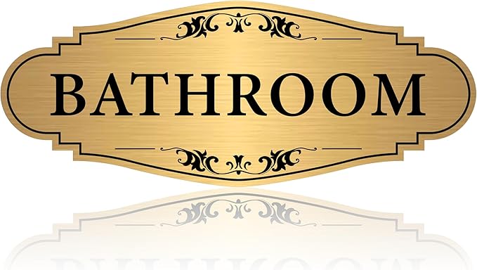 Bathroom Sign Sticker for Business and Home，Self-adhesive Brushed Gold Bathroom Decor for Door，Waterproof Vinyl Restroom Sign for House, Office, Shop