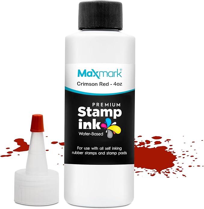 MaxMark Premium Refill Ink with Control Tip Bottle for Self-Inking Stamps, Crimson Red Color - 4 oz.
