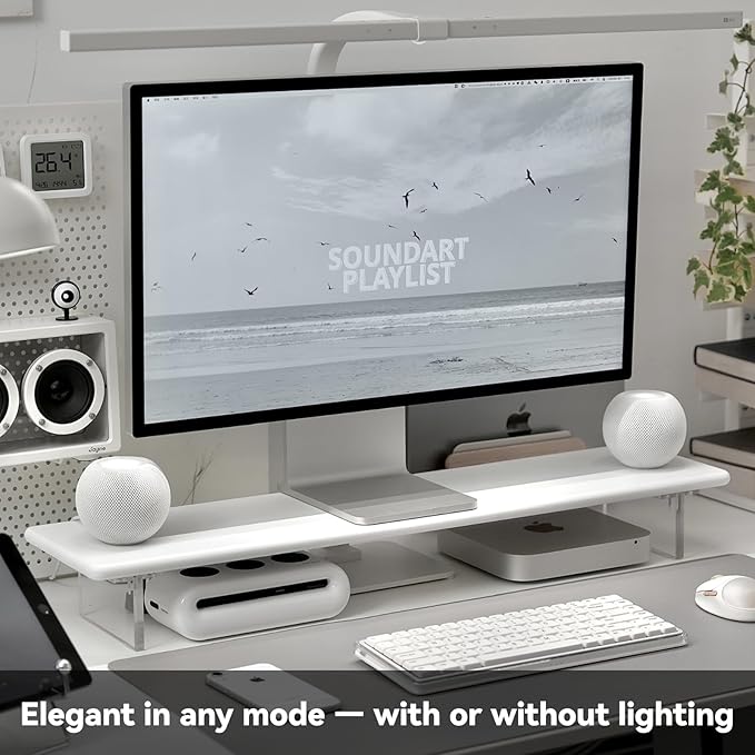 ROCDEER Bamboo Monitor Stand Riser with RGB Lights,31.5 Inches Desktop Shelf with Acrylic Legs Supports for Desk, PC Computer Monitor, Laptops, Printer, Speakers (White)