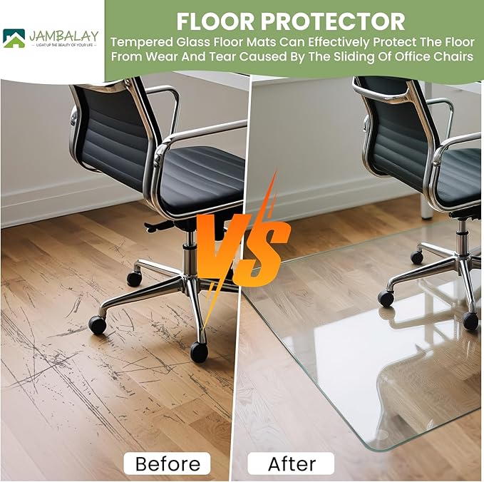 JAMBALAY 55″×46″ Tempered Glass Chair Mat, Heavy Duty Glass Office Floor Mat for Carpets and Wooden Floor, with 12 Anti-Slip Pads, Polished Edges and Round Corners, Easy Roll On, Thick 0.2″