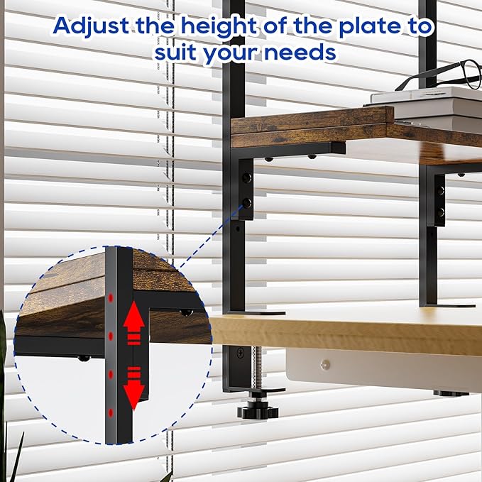 ART-GIFTREE Clamp On Desk Shelf 2-Tier, 12.5 inche Wood Shelving Unit for Office Desk/Gaming Accessories, Tabletop Book Storage Rack, Shelf for Top & Under of Desk, Brown