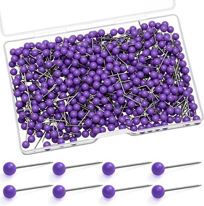 WILLBOND 500 Pack Map Push Pins Map Tacks Small Round Head Push Pins Thumb Tacks for Travel Picture Photo Bulletin Board Wall DIY Craft School Office Home(Purple,1/6 Inch)