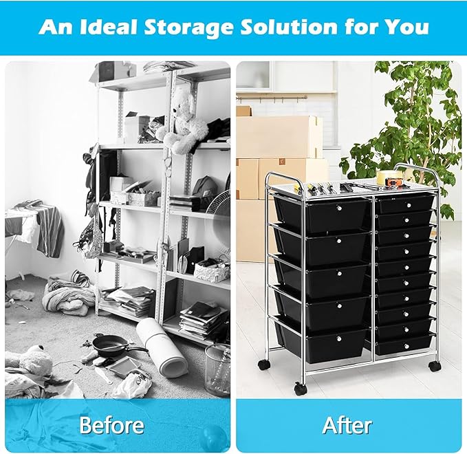 LDAILY 15 Drawer Rolling Storage Cart, Rolling Cart with Drawers for Classroom, Art Supply Craft Organizer on Wheel with Metal Frame & Handles for Home Office School