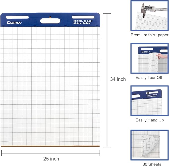 Comix Grid Sticky Easel Pad, 25 x 30 Inches Flip Chart Paper for Teachers, Large Self-Stick Pads for Office School, 30 Sheets/Pad, 10 Pads/Pack