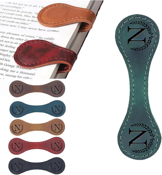 Artlaza Personalized Magnetic Leather Bookmark, 26 Letters Custom Leather Bookmarks, Handmade, Leather Magnetic Bookmark for Book Lovers Readers Women Kid(Green，N）