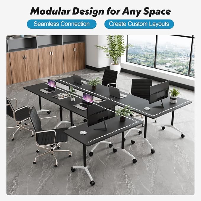 Goakwwuz Conference Room Table, Folding Conference Tables,Thicken Grey Tabletop,Flip Top Wooden Seminar Meeting Room Table for Conference Room Offices (4, Black, 61.0“)