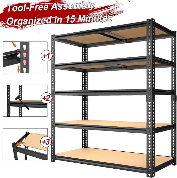 ZEUKMXOO Garage Racks for Storage，5-Tier Adjustable Garage Shelving Storage Shelves,2400LBS Capacity Heavy Duty Shelving for Carport Warehouse Basement,72" H x40 W x20 D