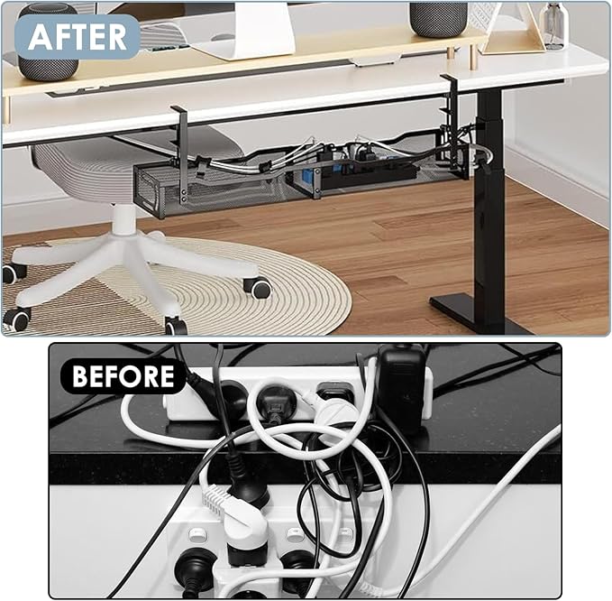 Mzmaxy Cable Management, 25'' Cable Management Under Desk No Drill, Metal Cord Organizer with Clamp for Standing Desk, Cable Organizer for Home Office, Black