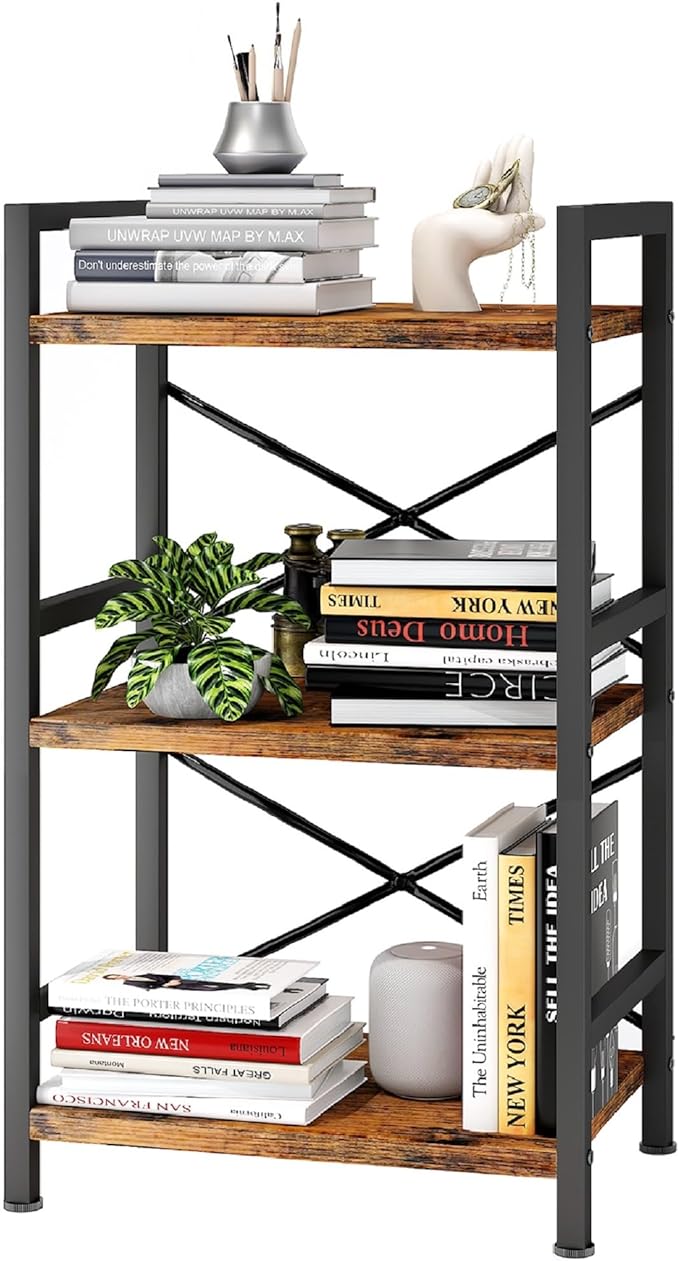 Homeiju Bookshelf, 3 Tier Industrial Bookcase, Metal Small Bookcase, Rustic Etagere Book Shelf Storage Organizer for Living Room, Bedroom, and Home Office(Rustic Brown) Patent Pending D29873033