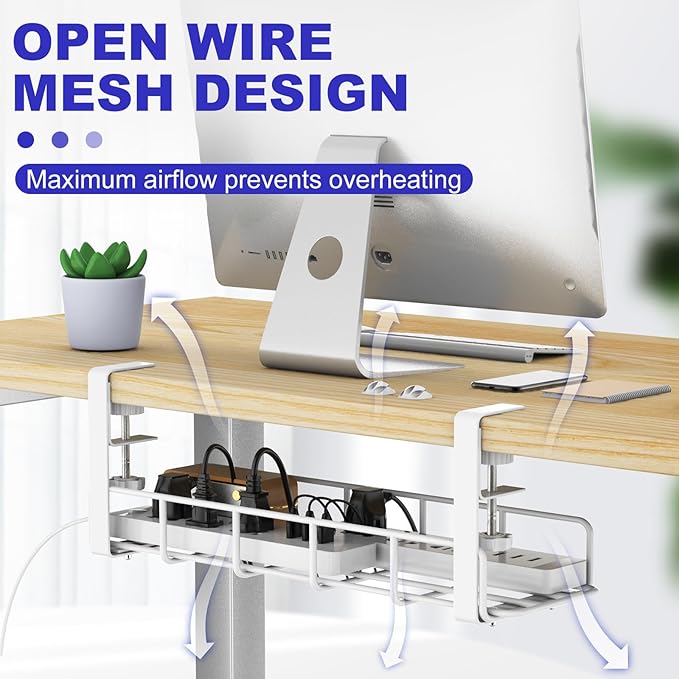 15.7” Under Desk Cable Management Tray, No Drill Steel Cable Tray Organizers, Wire Management Tray Cable Rack with Clamp Mount, Metal Under Desk Tray with Wire and Cord Organizer (White, 1 Pack)