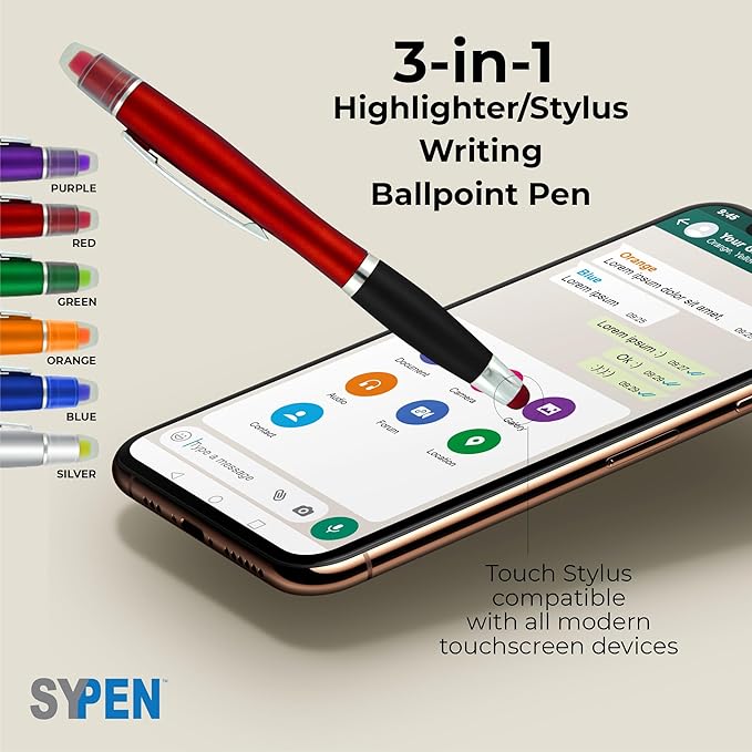 SyPen Personalized Pens with Gel Highlighter and Stylus -200 Pack Bulk-Free Imprint - 3 In Bible Highlighter No Bleed, Ballpoint Pen, and Stylus Combo- add Custom Name, Logo or Gift Message- Assorted