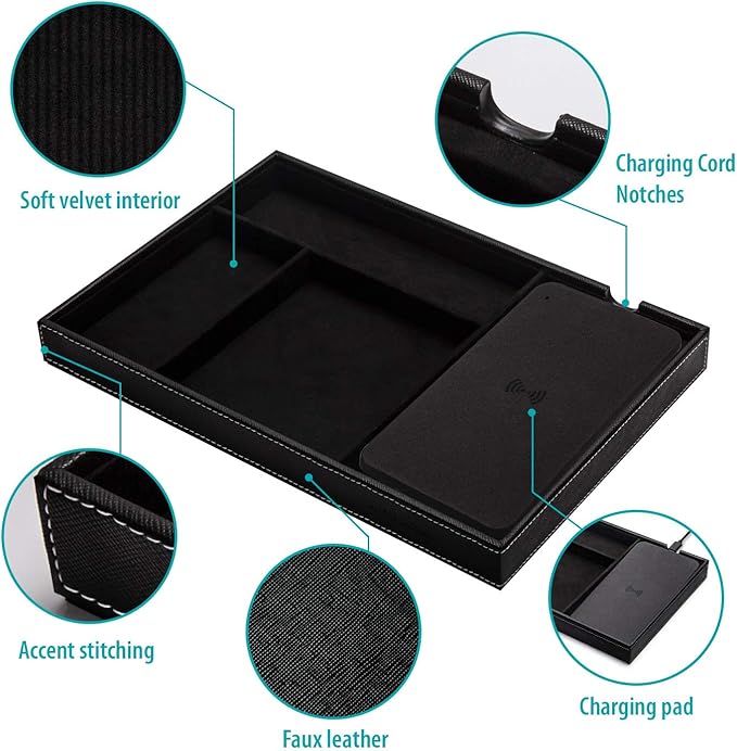 Valet Tray, Built in Wireless Charging Pad, Nightstand Organizer, Dresser Organizer, Mens Jewelry Box, Valet Charging Station, Faux Leather Valet Tray for Men and Women, (Black)