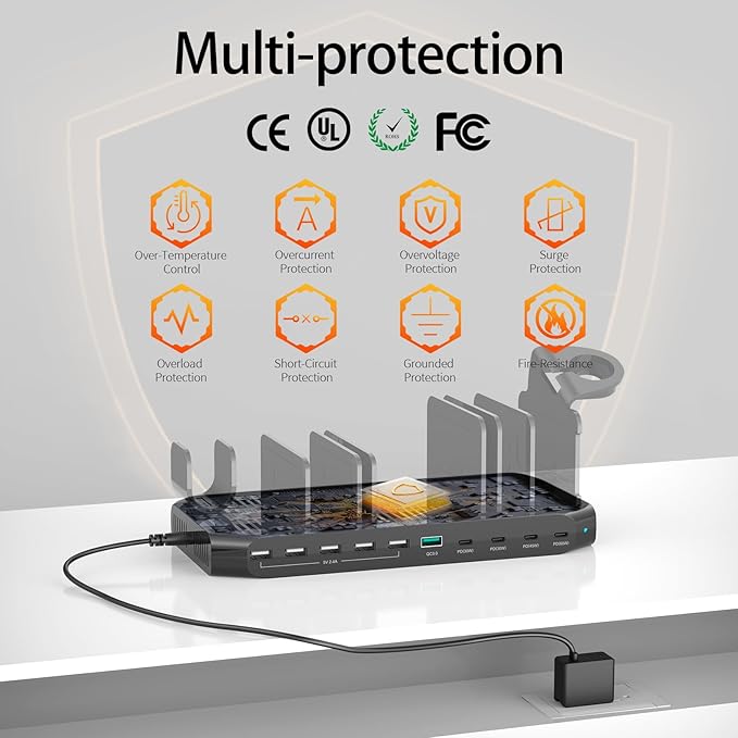Alxum 140W USB C Charging Station -10 Port Fast Charging Station with QC 3.0 & 4 * USB C PD 60W+45W+30W, Multi Device Charger Organizer Compatible with Laptop, iPad, Tablet, Cell Phone and More