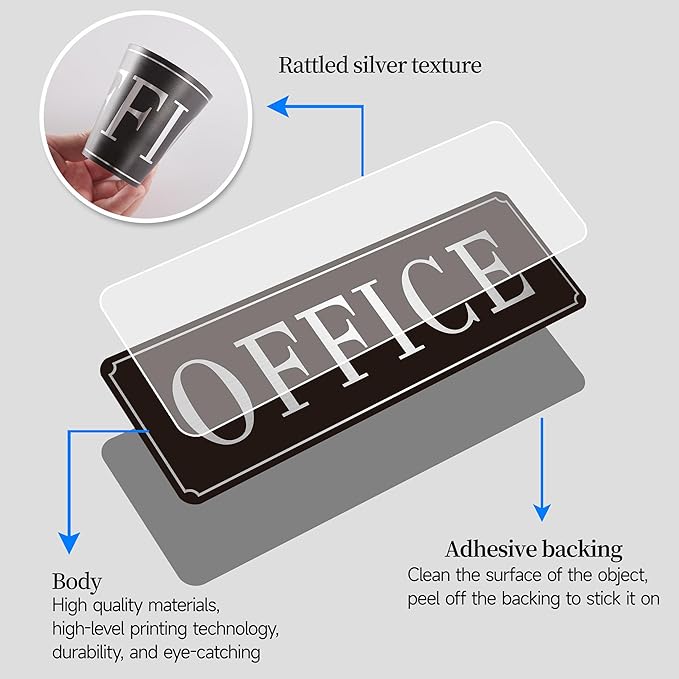 The Office Door Sign for Home and Business，Self-Adhesive Waterproof and Fade-Resistant Modern Brushed Silver Office Sign Sticker for House，Business，Door, Window（Silver）