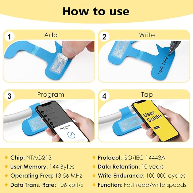 SummerBrite 24-Pack Smart NFC Cable Labels with Blank Stickers, Programmable Reusable Wire Tags for Electronics, Cord ID & Cable Management for Automation, IT Server - Oval