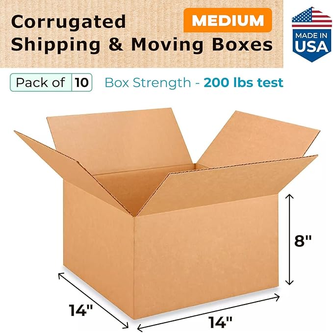 IDL Packaging Medium Corrugated Shipping Boxes 14"L x 14"W x 8"H (Pack of 10) – Prime Choice of Strong Packing Boxes for USPS, UPS, FedEx Shipping – Easy-to-Recycle Cardboard Boxes for Packaging