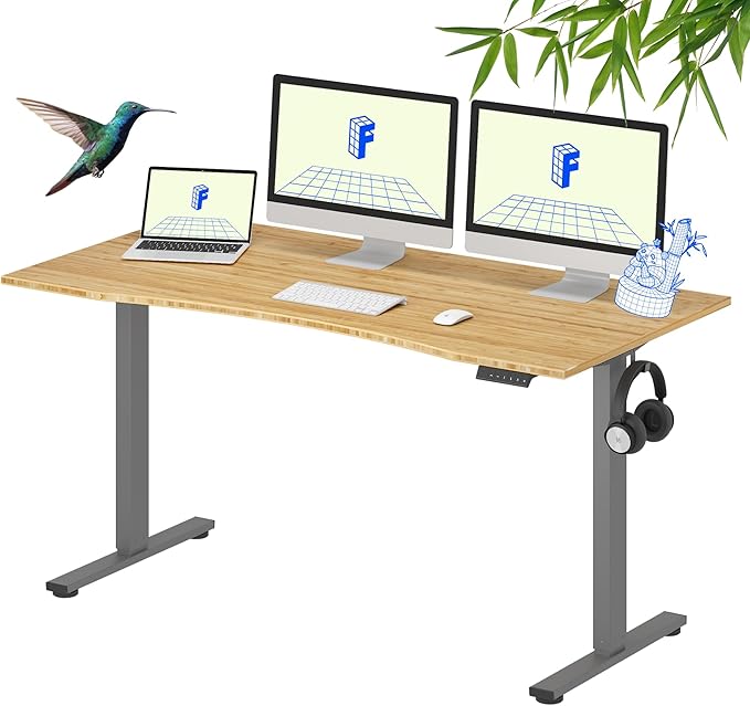 FLEXISPOT EN1 Bamboo Standing Desk, 60 x 30 Inches Whole-Piece Electric Adjustable Height Sit Stand Desk - Silver Frame + Bamboo Curved Desktop (2 Packages)