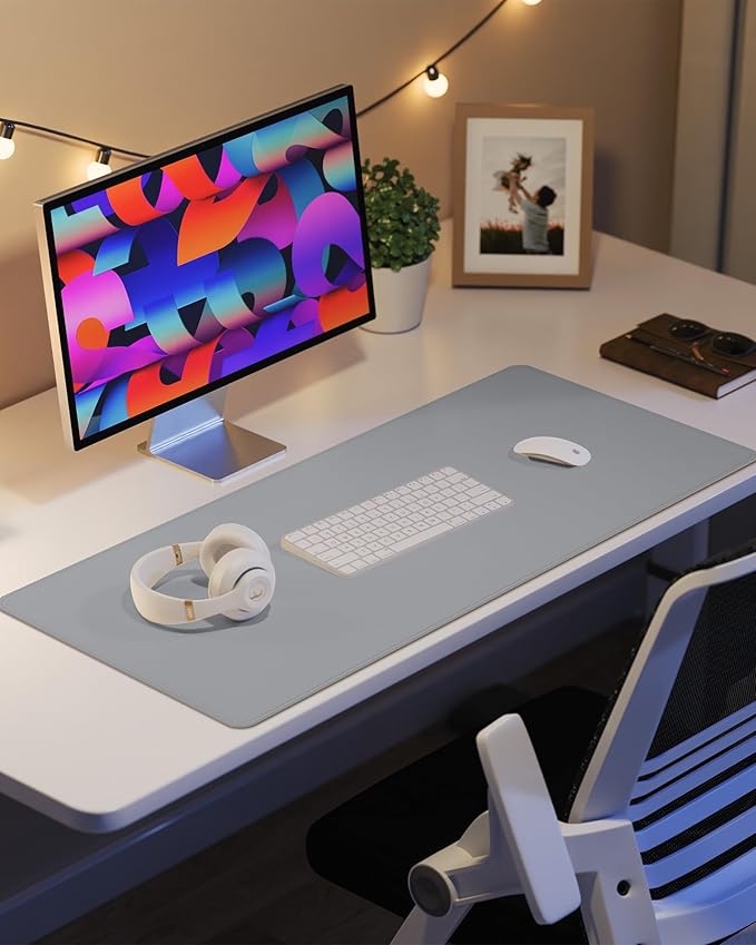 Leather Desk Pad Protector, Mouse Pad, Office Mat, Non-Slip PU Leather Blotter, Laptop Pad, Waterproof Writing Pad for Office and Home (Light Grey, 31.5" x 15.7")