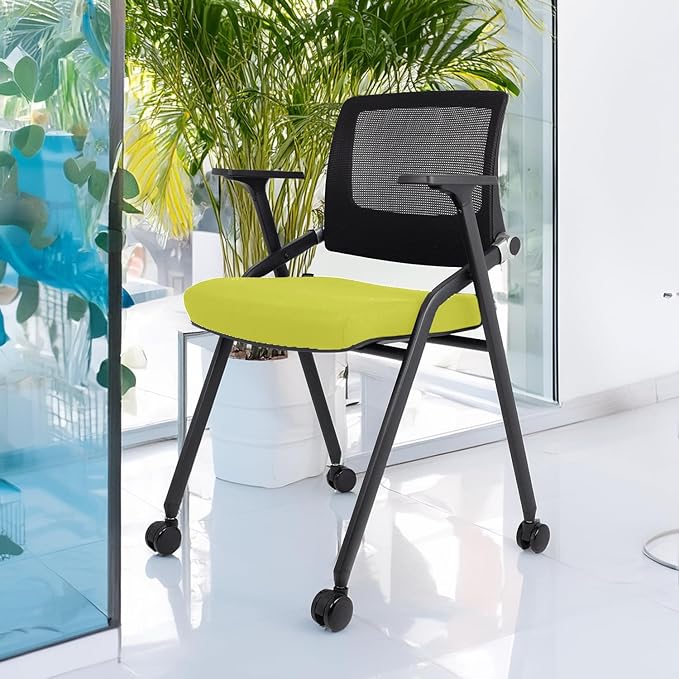SLKJChr 2 Pack Foldable Office Chairs with Wheels, Mesh Back, Arms and Portable - Folding Office Chairs for Conference Room Chair, Office Guest & Reception & Meeting Chair - (Green) 300 lbs.
