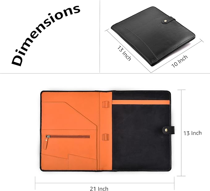 LEATHER VILLAGE Portfolio Professional Organizer– Carbon Fiber Genuine Leather Padfolio Resume Folder for A4 Letter Pad with Pen Holder, Business Card Slots – Ideal for Men & Women- Black Orange