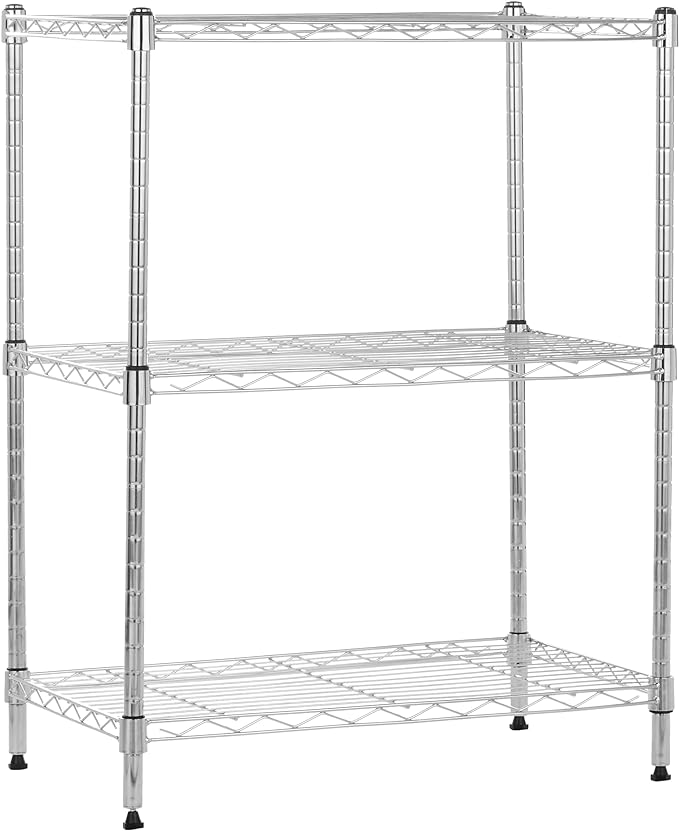 Amazon Basics 3-Shelf Adjustable Heavy Duty Steel Wire Rack Storage Shelving Organizer for Kitchen, Garage, 23.2" L x 13.4" W x 30" H, Chrome