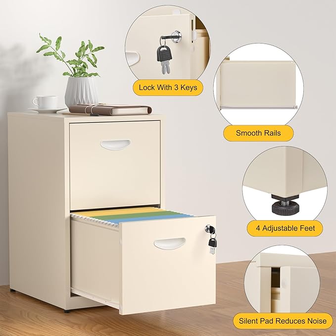 SteeLoong 2 Drawer File Cabinet with Lock,Metal File Cabinets for Home Office,Two Drawers Cream Filing Cabinets for Home Office, Office File Cabinets for Hanging Letter,Easy Assemble
