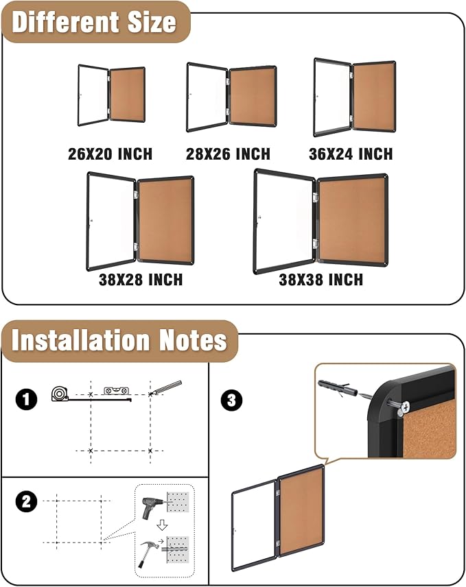 Mifuro 28"x26" Enclosed Bulletin Board, Lockable Weather-Resistant Aluminum Cork Noticeboard for School & Office, Black Frame w/Cork