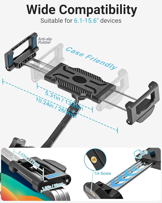 INSSKY Metal Kitchen Tablet Stand, Fit for 6.1-15.6" Devices, Magic Long Arm Mount for Cabinet, Desk, Table, with 360° Foldable Rotation Aluminum Holder, Compatible with iPad Pro/Air/Mini, Galaxy Tab