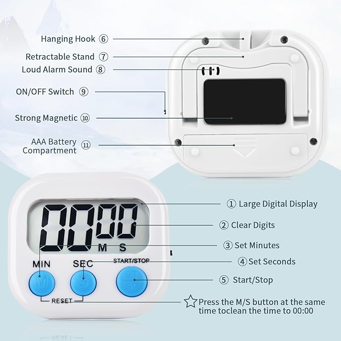 4 Pack Digital Kitchen Timer Magnetic Digital Timer with Big Display Loud Ring Cooking Timers for Cooking, Game, Gym, Break Time, Classroom(4,Pink, Blue, Green, White)