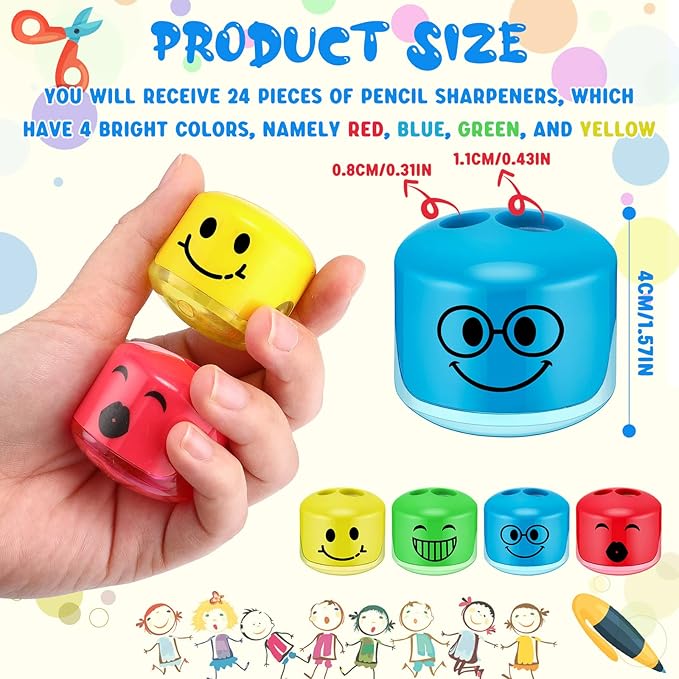 Crtiin 24 Pcs Back to School Pencil Sharpeners for Kids Cartoon Smile Small Pencil Sharpener Handheld Manual Dual Holes Gifts for School Office Art Room