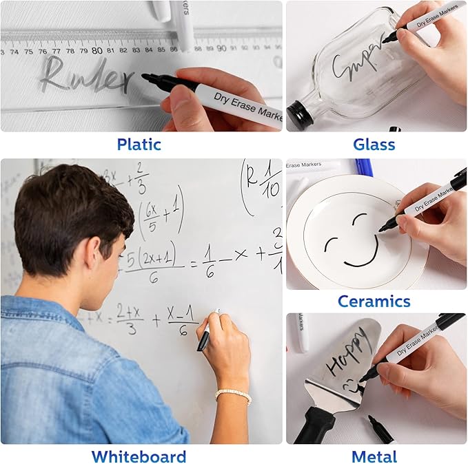 Thenshop 200 Pack Dry Erase Markers Bulk with 4 Magnetic Erasers Fine Tip Dry Erase Markers Whiteboard Pens Bulk for Office Supplies(Black)