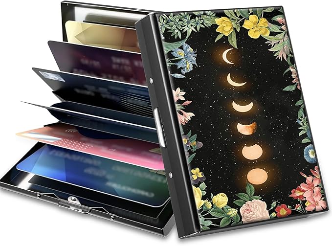 BWEGRHE Slim Credit Card Holder, Moon Flower RFID Blocking Metal Wallet for Men & Women, Aluminum Minimalist Hard Case Pocket-Sized Business Cards Organizer (Fits Up to 10 Cards)