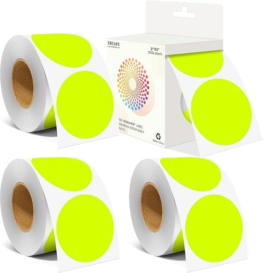 2 Inch Color Coding Round Labels (2000Pcs, 4 Rolls) - Round Colored Dot Stickers for Inventory, Pantry, Warehouse Organization - Fluorescent Yellow Circle Dot Labels