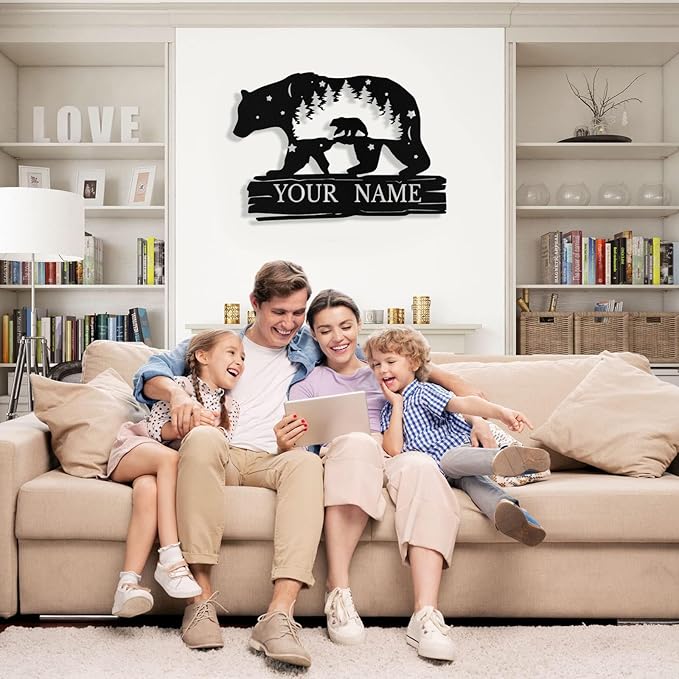 Custom Bear Metal Sign, Custom Bear Metal Wall Art Decor, Personalized Last Name Signs for Home, Rustic Farmhouse Black Wall Decor for Cabin, Bedroom, Living Room, Porch