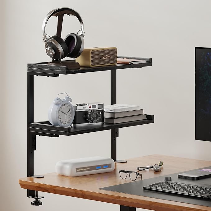 ART-GIFTREE Clamp On Desk Shelf 2-Tier, 16.5 in Wood Shelving Unit for Office Desk/Gaming Accessories, Tabletop Book Storage Rack, Shelf for Top of Desk, Black