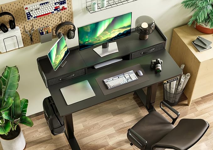Claiks Standing Desk with Drawers, Stand Up Electric Standing Desk Adjustable Height, Sit Stand Desk with Storage Shelf and Splice Board, 48 Inch, Black
