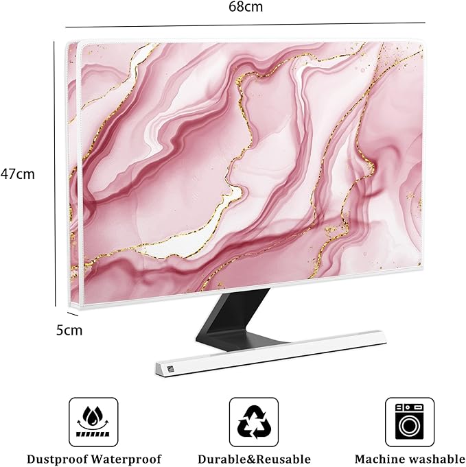 Baocicco Gold Pink Marble Waterproof Computer Monitor Dust Cover 26, 27, 28 Inch Monitor Accessories Laptop TV LCD Screen Decoration for Tablet Anti-Static Dustproof Protective for Home Office