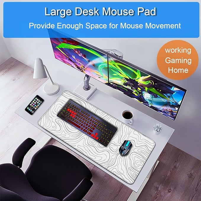 Extended Mouse Pad, 31.5x15.7 inch Large Gaming Computer Keyboard Mouse Mat, Water Resist Non-Slip Mousepad Rubber Base Long XXL Desk Mouse Pad for Work & Gaming, Office & Home, White Black Lines