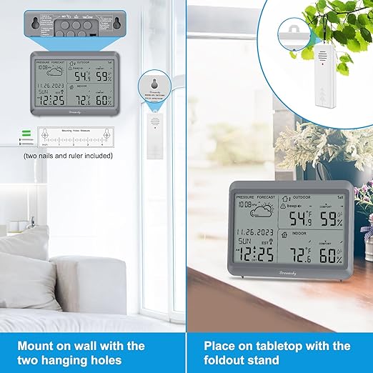 DreamSky Weather Station Indoor Outdoor Thermometer Wireless - Atomic Clock with Indoor/Outdoor Temp, Date & Day, Battery Powered, Home Weather Forecast Clock with Inside Outside Temperature Humidity