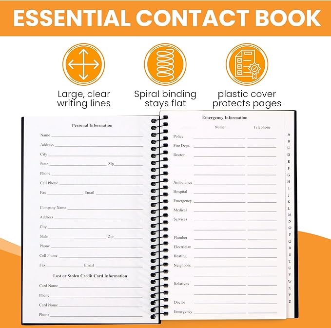 Iconikal Address Telephone Book, 8x5-Inch, Black, Spiral-Bound, 384 Contacts, Organizer for Organizing Names, Addresses, Email, Cell Phone Numbers