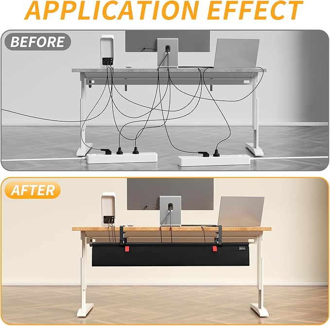 SUREUP9 No Drill Under Desk Cable Management Tray, 36" Cord Organizer with Clamp, Fabric Cable Management for Standing Desks, Ideal for Home & Office - Black