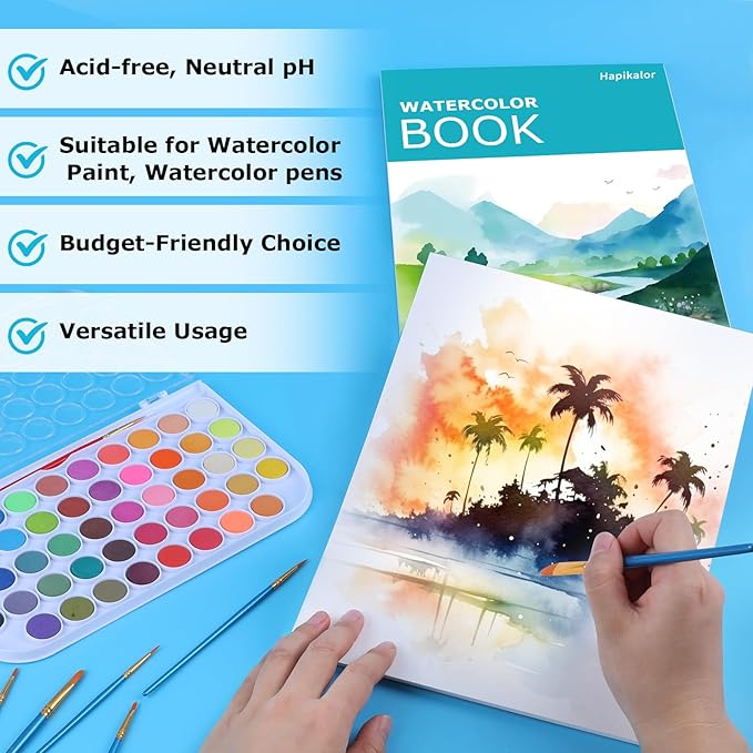 Hapikalor 5.5"x8.5"Watercolor Small Sketchbook for Kids, 30 Sheets (60 Pages) Spiral Bound, Water Color Paper, 140lb/300gsm Watercolor Paper, Watercolor Notebook, Watercolor Journal, Sketch Pad, Teal